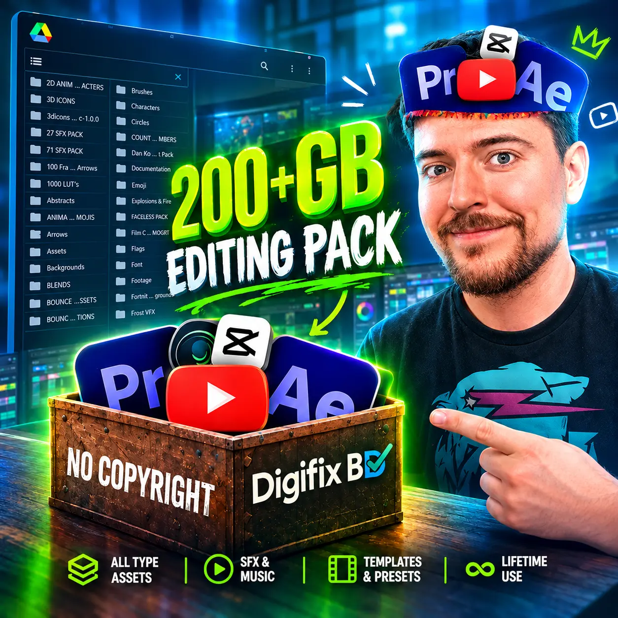 200+GB Ultimate Video Editing Assets Pack – SFX, VFX, LUTs, MOGRTs, Transitions & More Subscription Plan
