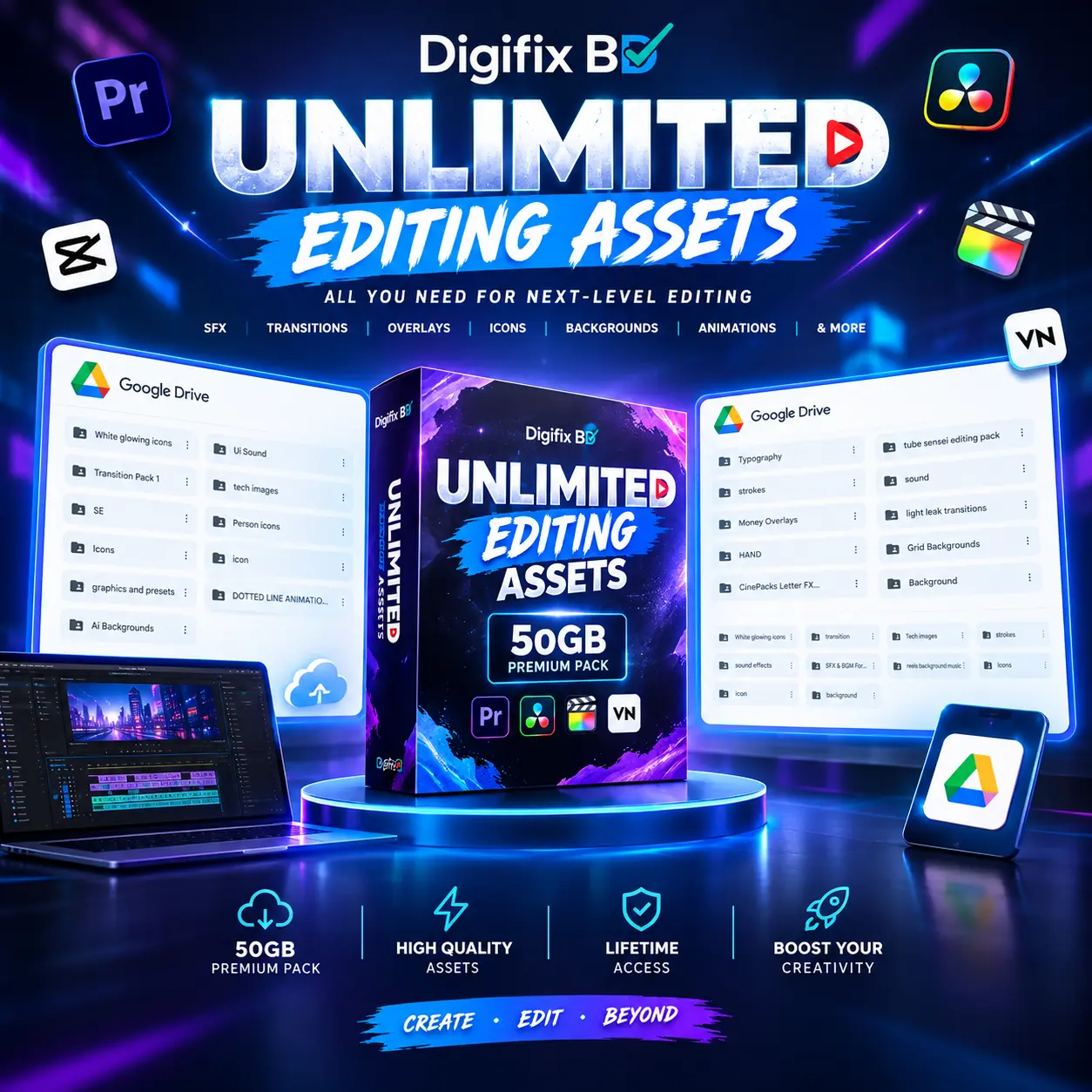 Unlimited Editing Assets (50GB) – All You Need For Next-Level Video Editing | VFX, SFX, Transitions & Presets Subscription Plan